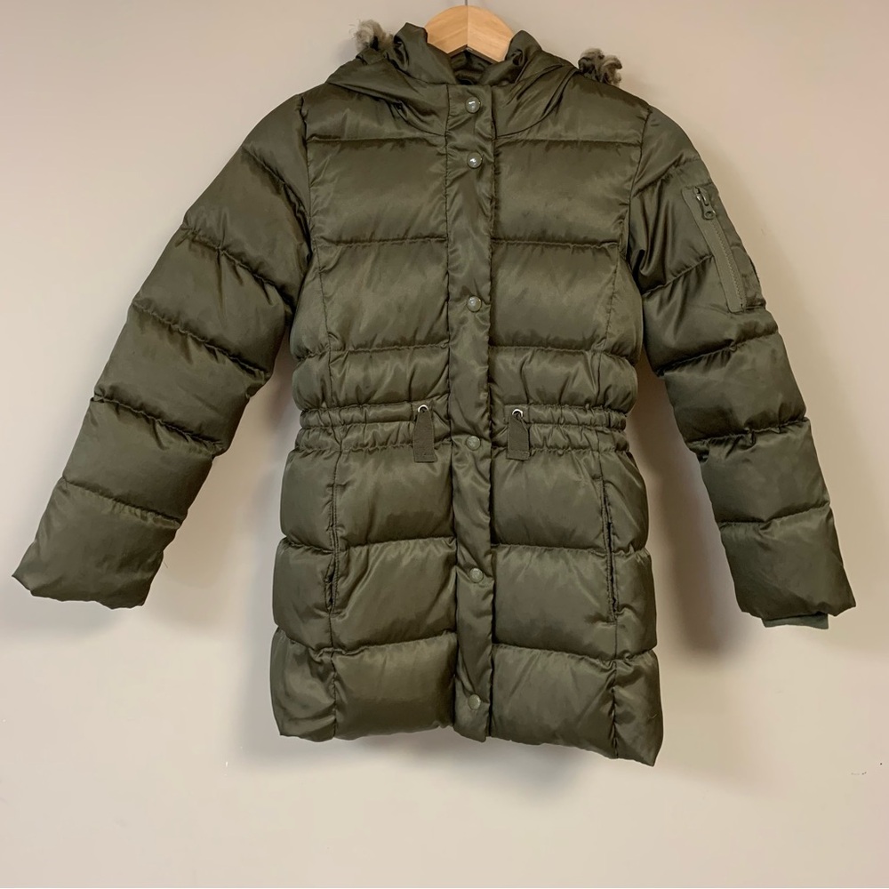 GAP Long Coat Girls Large Puffer Quilted Winter Warm Olive Green Fur Trim Hooded